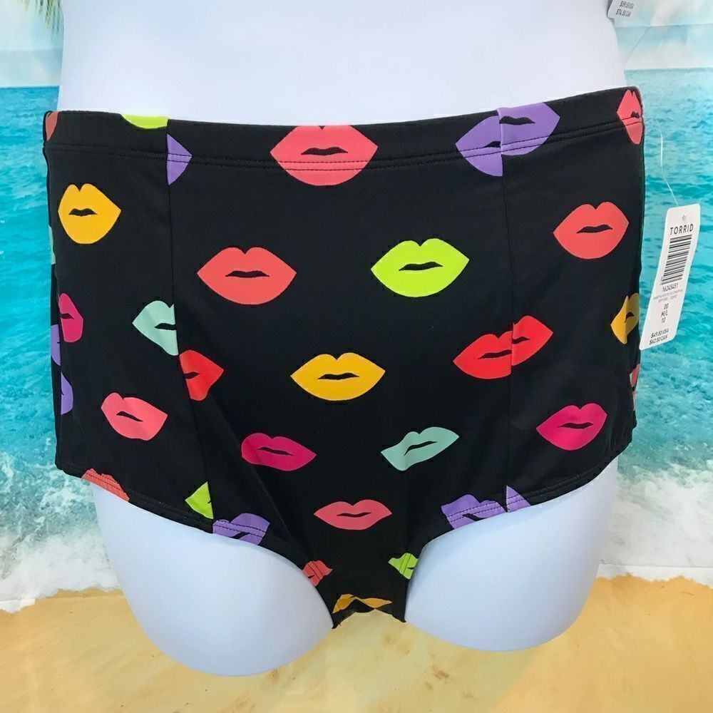 Torrid Lips Pattern High-Rise Strappy Back Swim Bottom 2X - Picture 2 of 11
